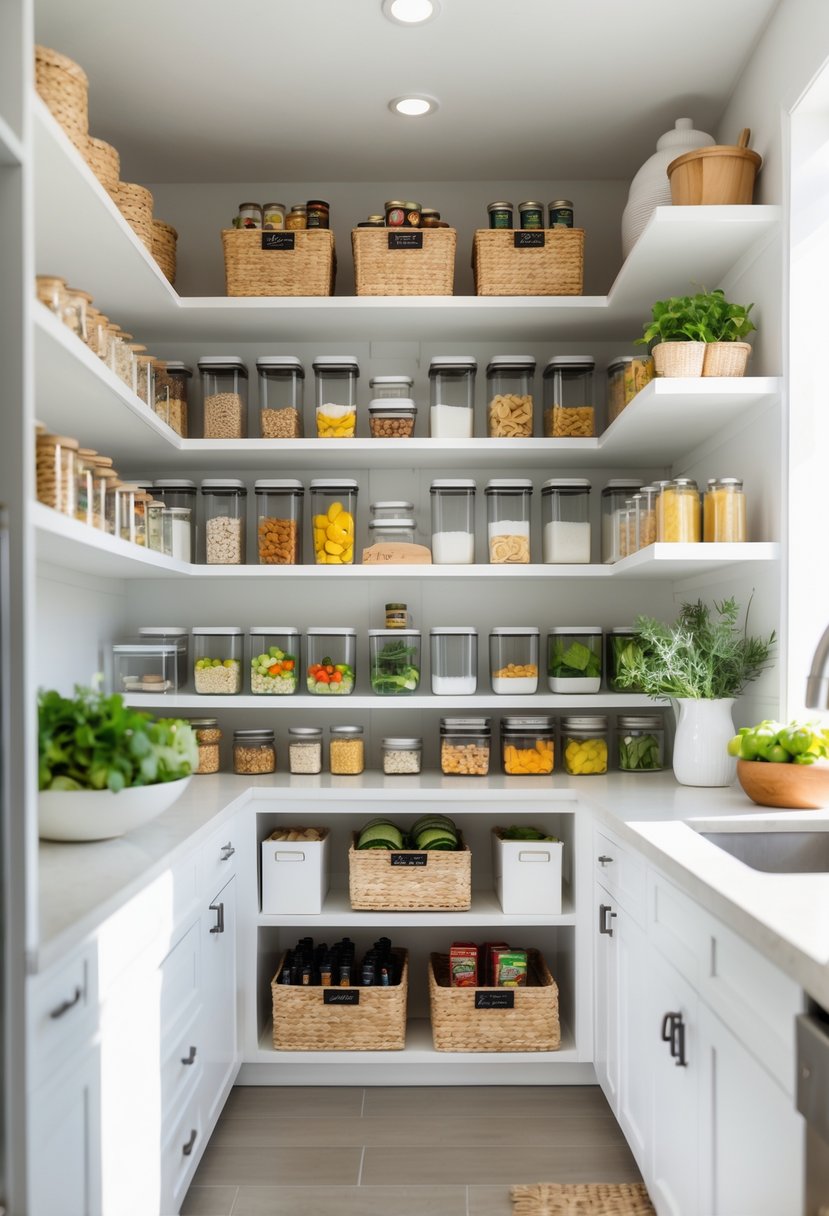 Pantry Makeover Ideas 2026: 22 Smart Ways To Refresh Your Storage Space 25 A well-organized kitchen pantry with shelves full of neatly arranged food containers and fresh produce.