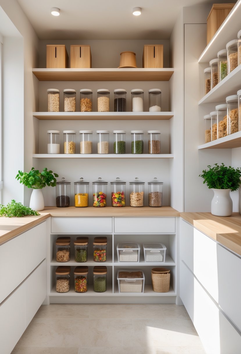 Pantry Makeover Ideas 2026: 22 Smart Ways To Refresh Your Storage Space 26 A modern pantry with white shelves, glass jars, wooden accents, and potted herbs, neatly organized and well lit.