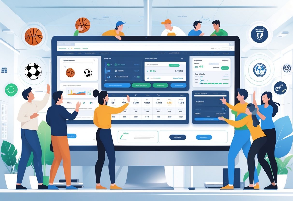 Orang-orang menggunakan komputer dengan tampilan platform taruhan olahraga dan ikon berbagai jenis olahraga di latar belakang.