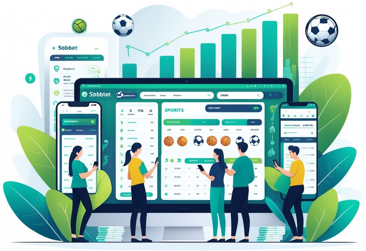 Ilustrasi orang-orang menggunakan perangkat digital untuk bertaruh pada berbagai jenis olahraga di lingkungan sportsbook modern.