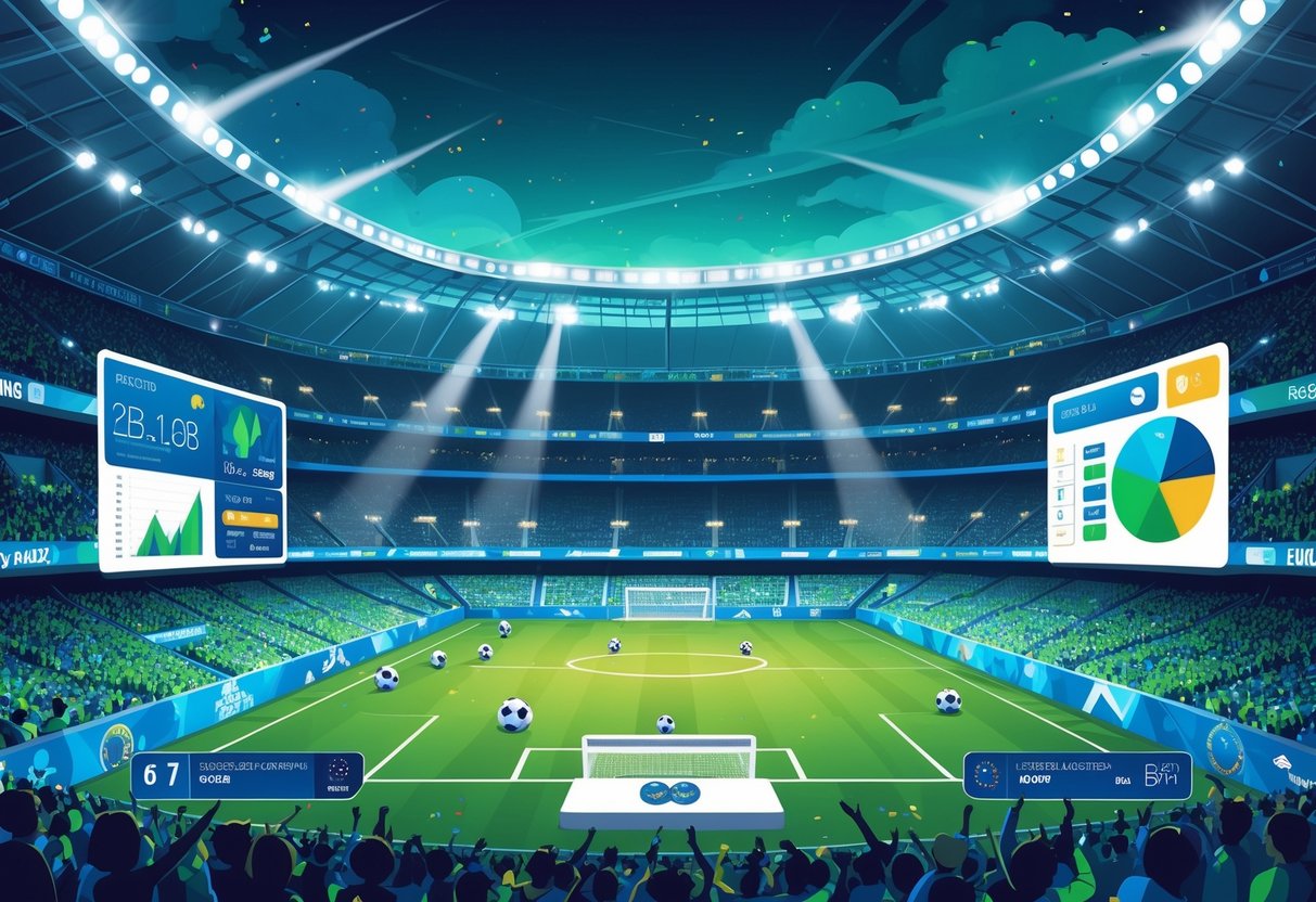 Ilustrasi stadion sepak bola penuh penonton dengan tampilan statistik dan prediksi taruhan yang ditampilkan secara digital di latar depan.