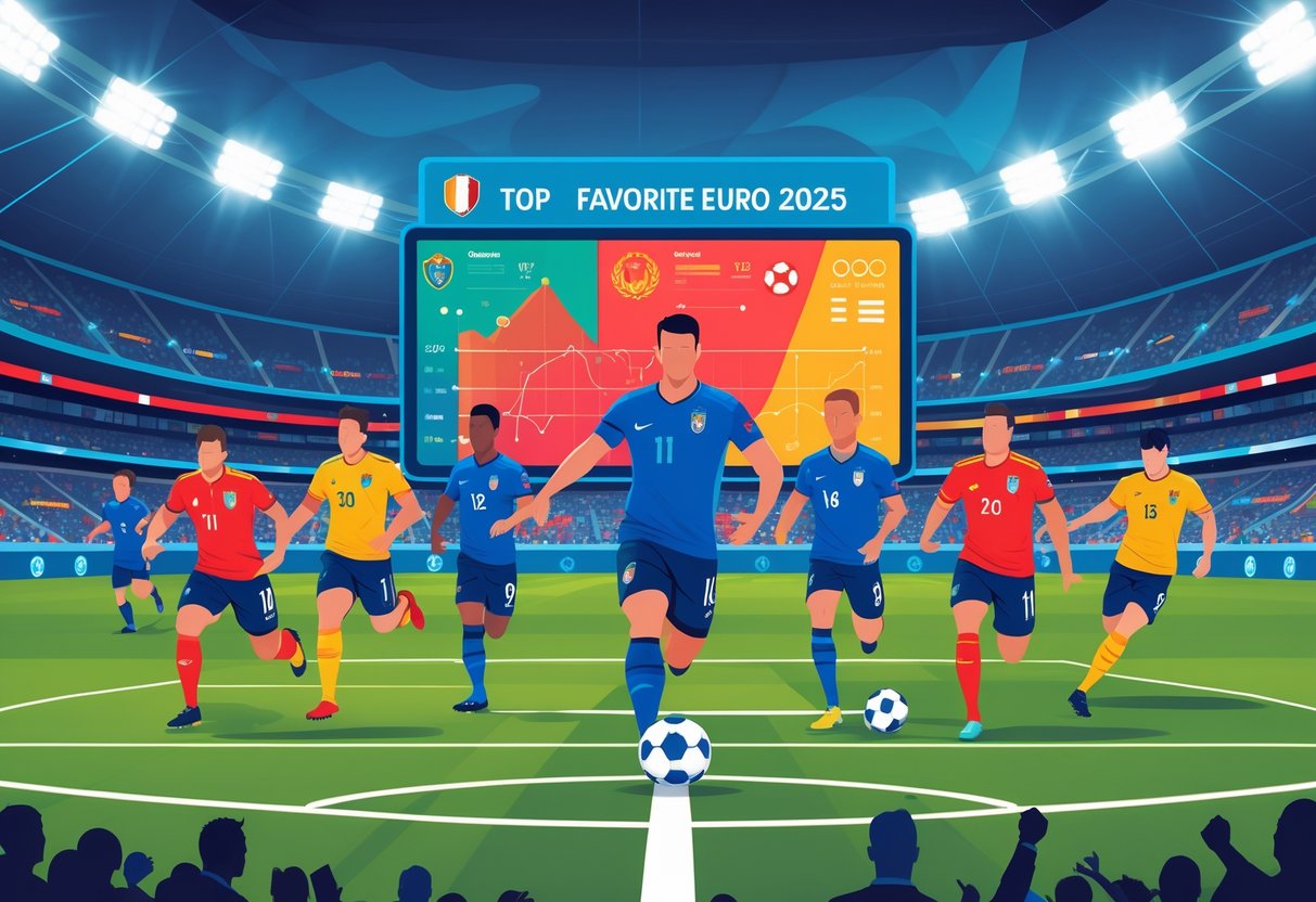 Ilustrasi tim sepak bola unggulan Euro 2025 sedang bermain di stadion penuh penonton dengan latar belakang papan skor dan simbol statistik.