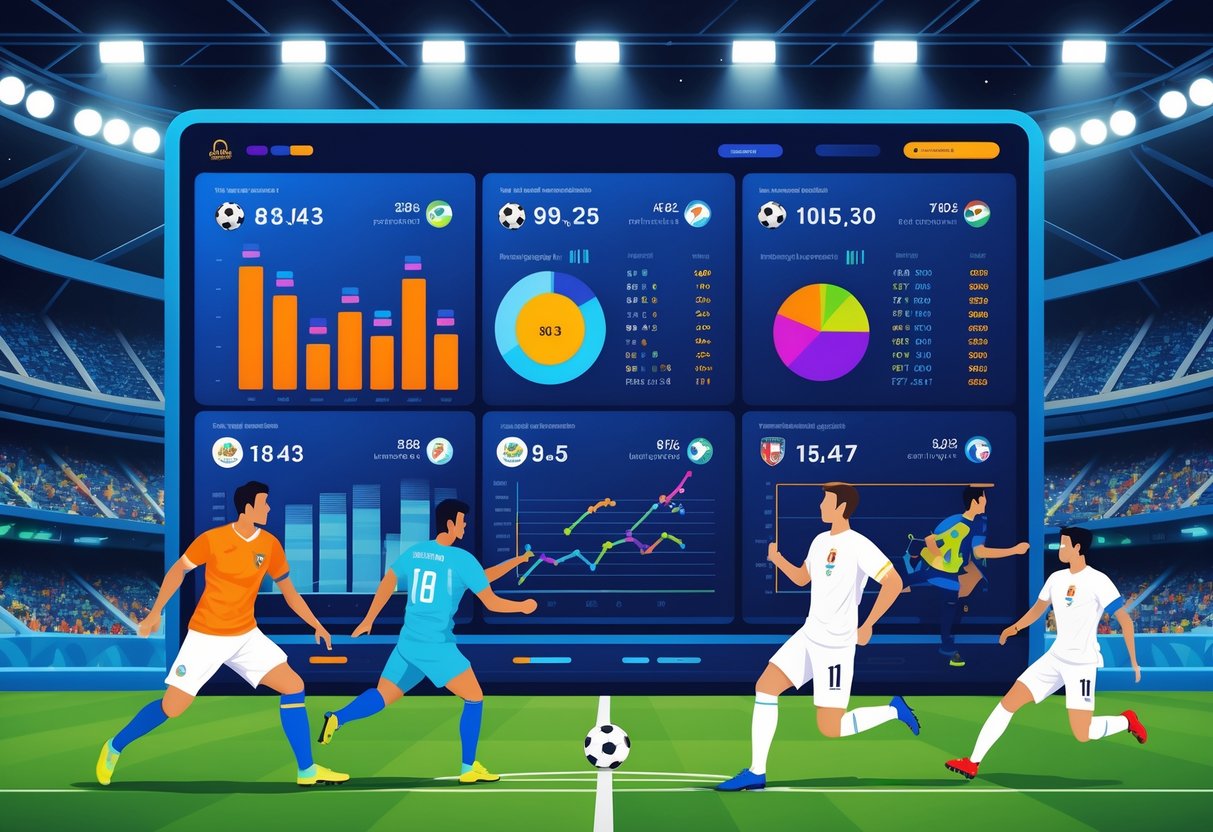 Ilustrasi profesional yang menampilkan grafik dan ikon pemain sepak bola yang mewakili analisis statistik utama Euro 2025 dengan latar stadion sepak bola dan penonton.