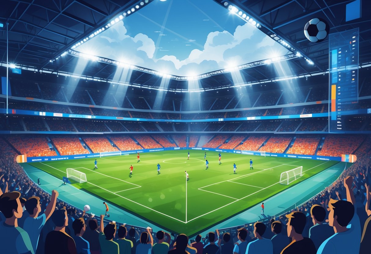 Suasana pertandingan sepak bola besar di stadion dengan pemain yang sedang bermain dan penonton yang bersorak.