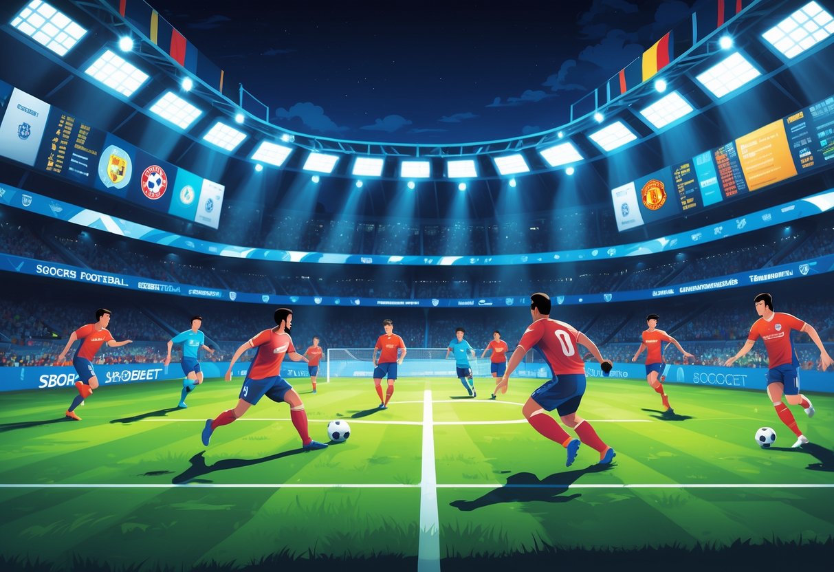 Pertandingan sepak bola besar dengan dua tim yang sedang bertanding di lapangan hijau dan penonton yang antusias di stadion.