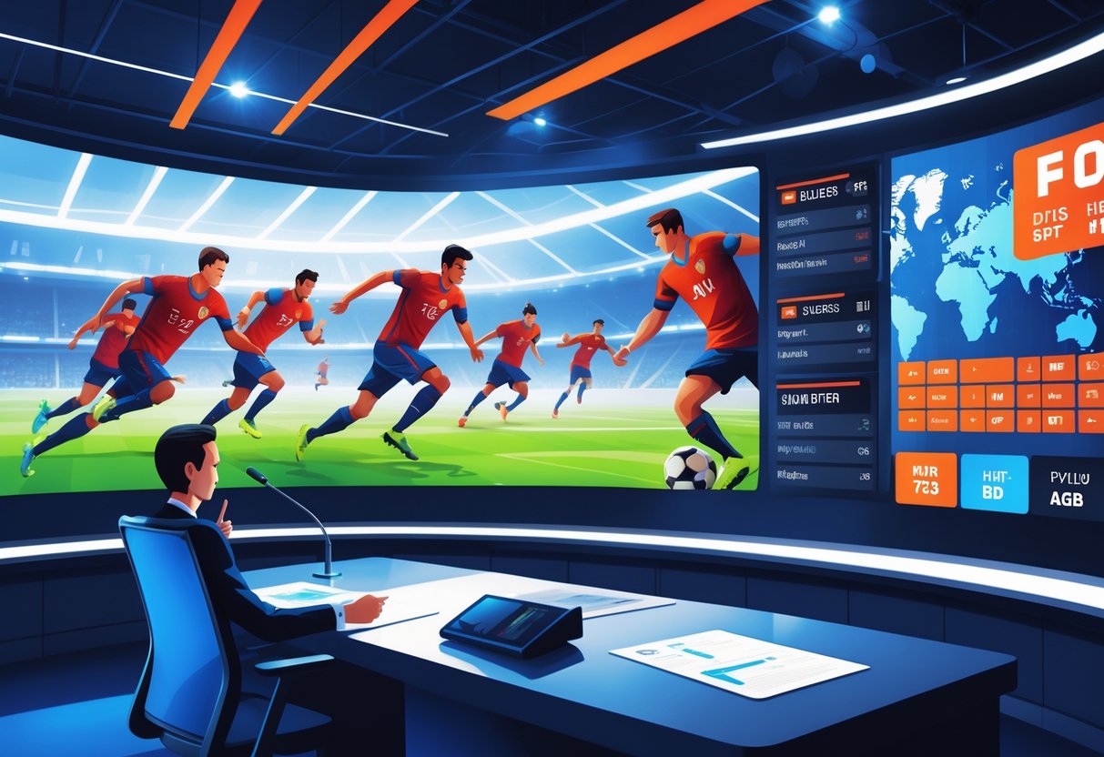 Adegan ruang berita olahraga dengan presenter dan layar besar yang menampilkan pertandingan sepak bola serta grafik jadwal pertandingan dan pasar taruhan.