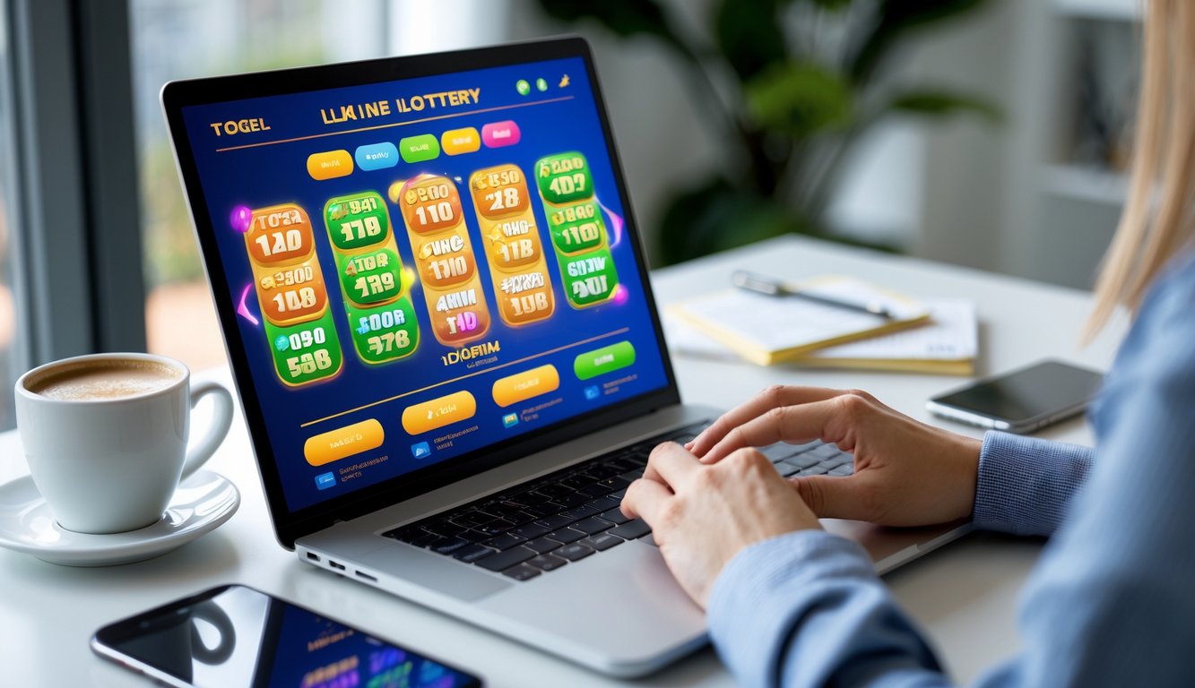 Seseorang bermain togel online di laptop di meja kerja dengan suasana nyaman.
