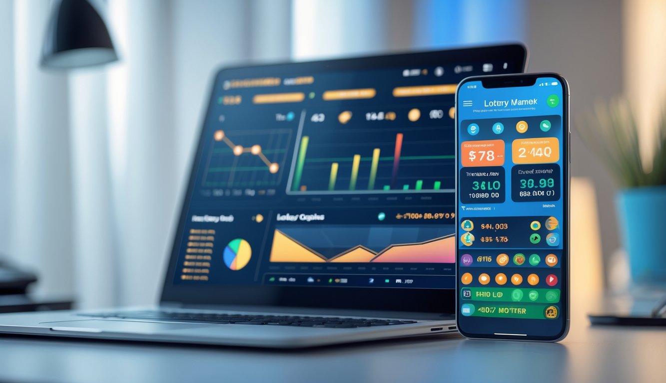 Meja kerja dengan laptop dan ponsel yang menampilkan grafik statistik dan pilihan pasar togel online.