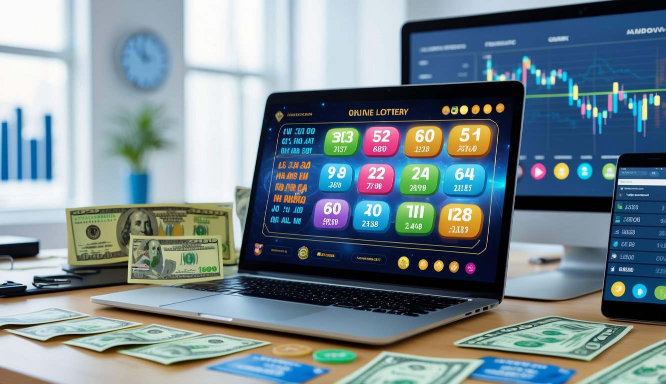 Seorang pemain menggunakan laptop dengan tampilan antarmuka togel online, dikelilingi oleh uang dan tiket lotere di meja kerja.