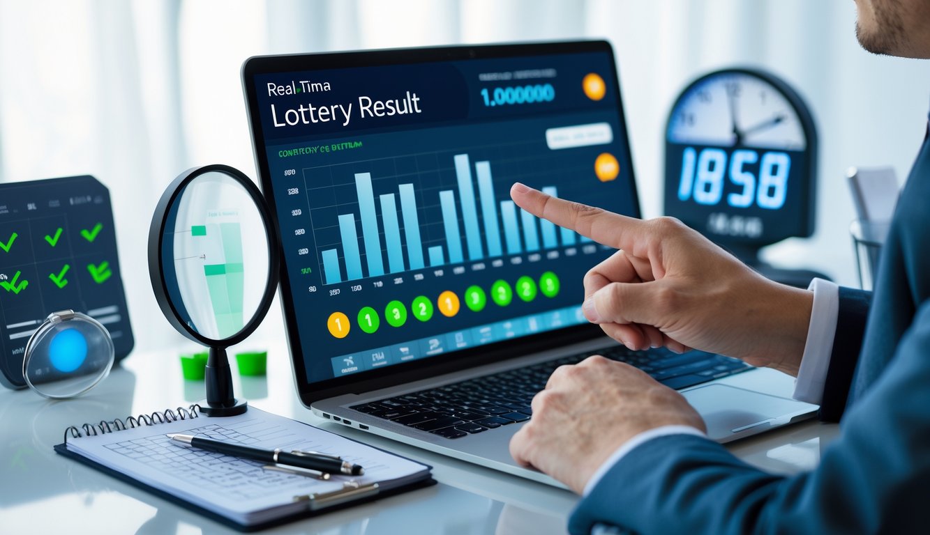Seseorang sedang menggunakan laptop di meja kerja dengan tampilan hasil lotre real-time dan elemen yang melambangkan keakuratan dan kepercayaan.