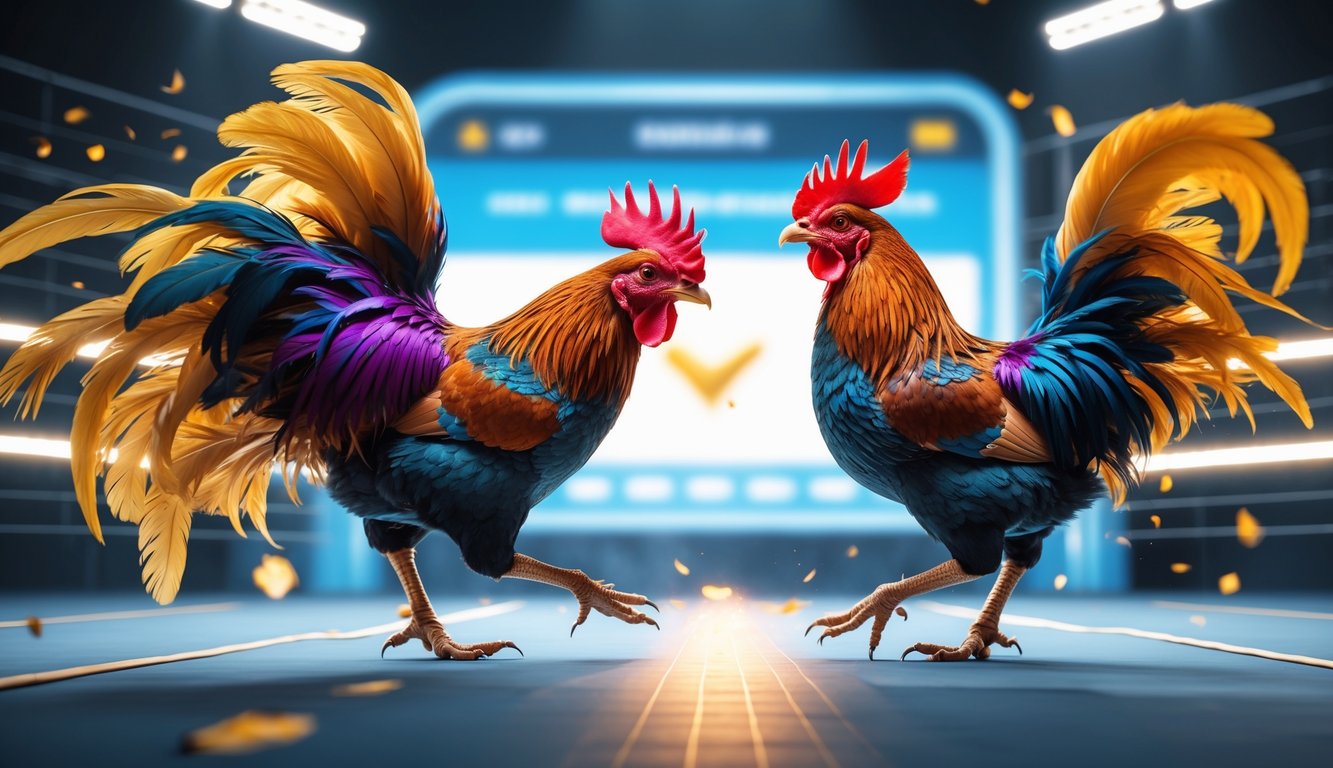 Dua ayam jago sedang bertarung sengit dalam arena sabung ayam online dengan latar belakang digital modern.