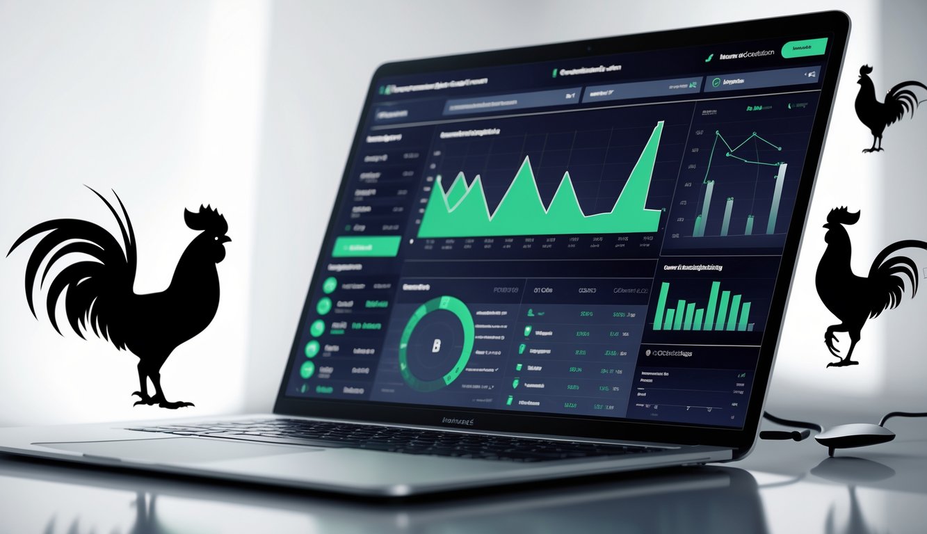 Layar komputer menampilkan grafik dan statistik lengkap tentang sabung ayam online dengan latar belakang minimalis.