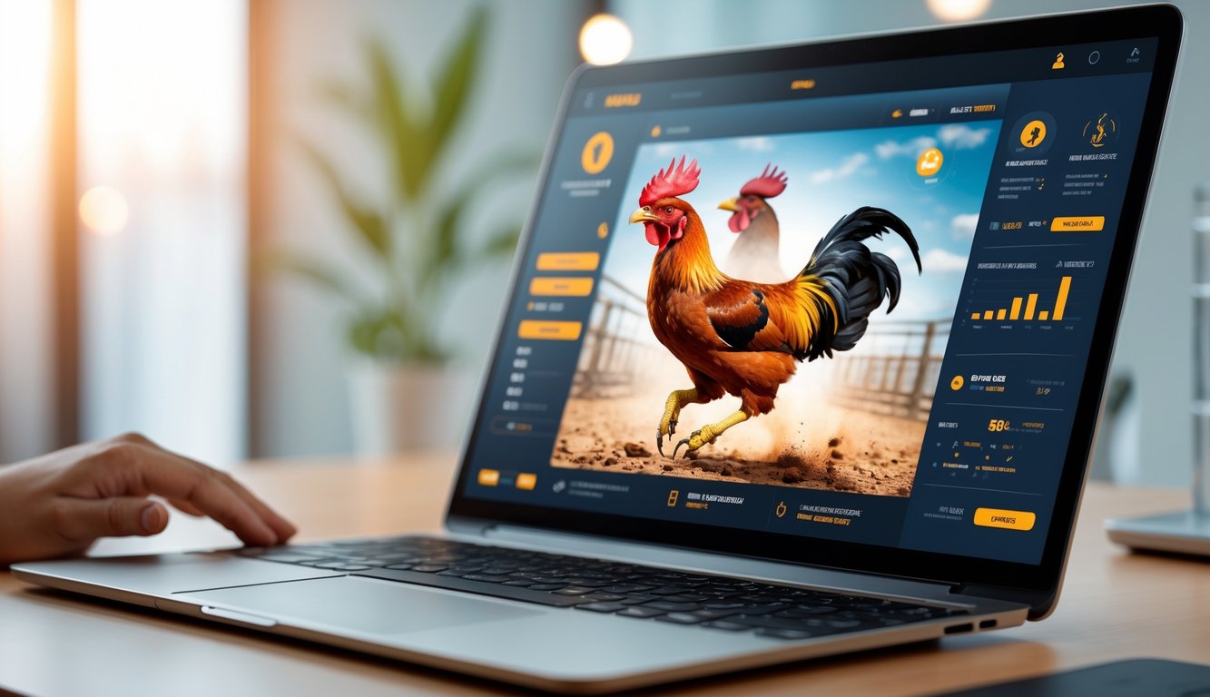 Seorang pengguna melihat layar laptop yang menampilkan platform sabung ayam online dengan tampilan antarmuka yang menarik dan modern.