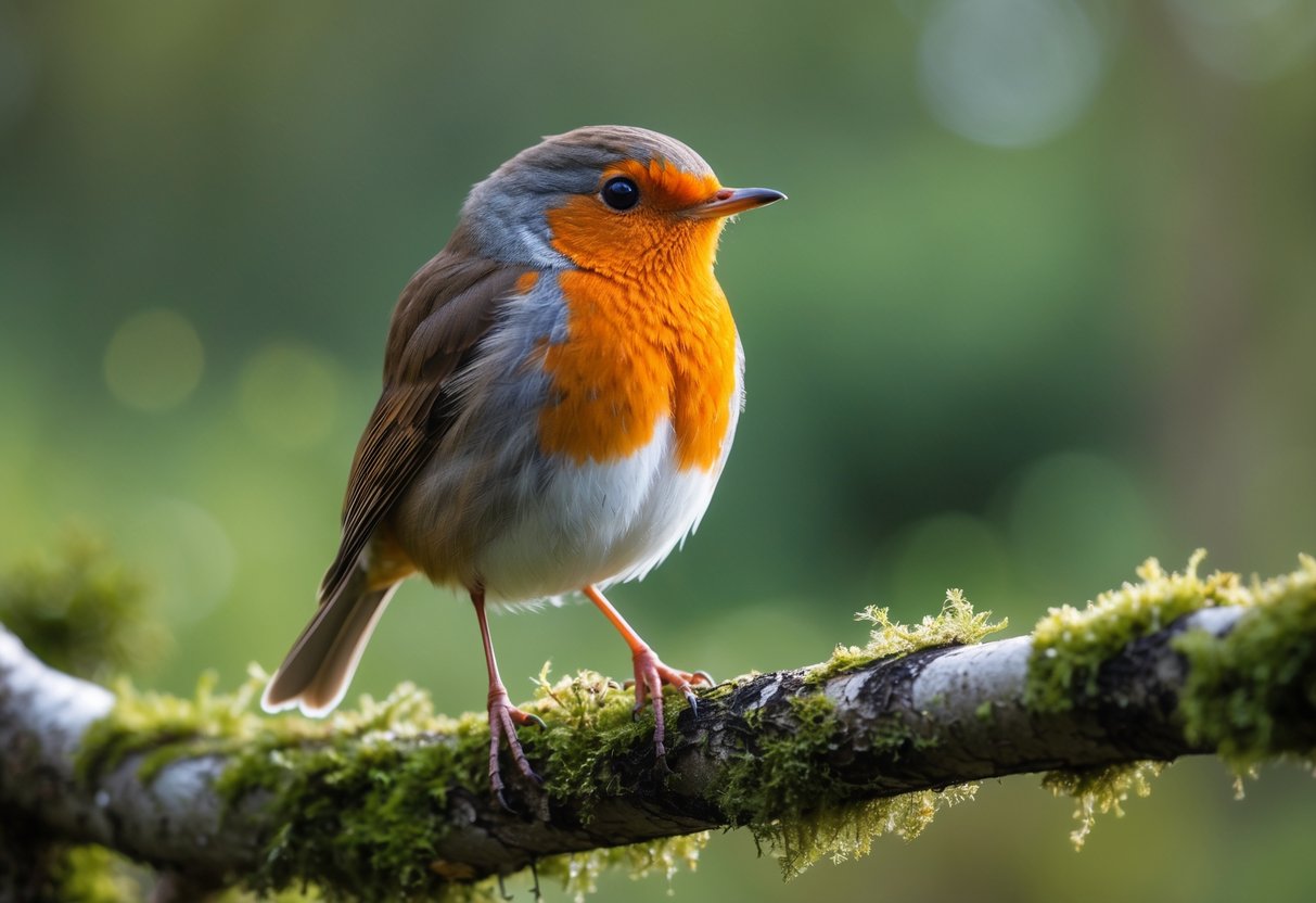 A European robin perched on a mossy branch in a green woodland.