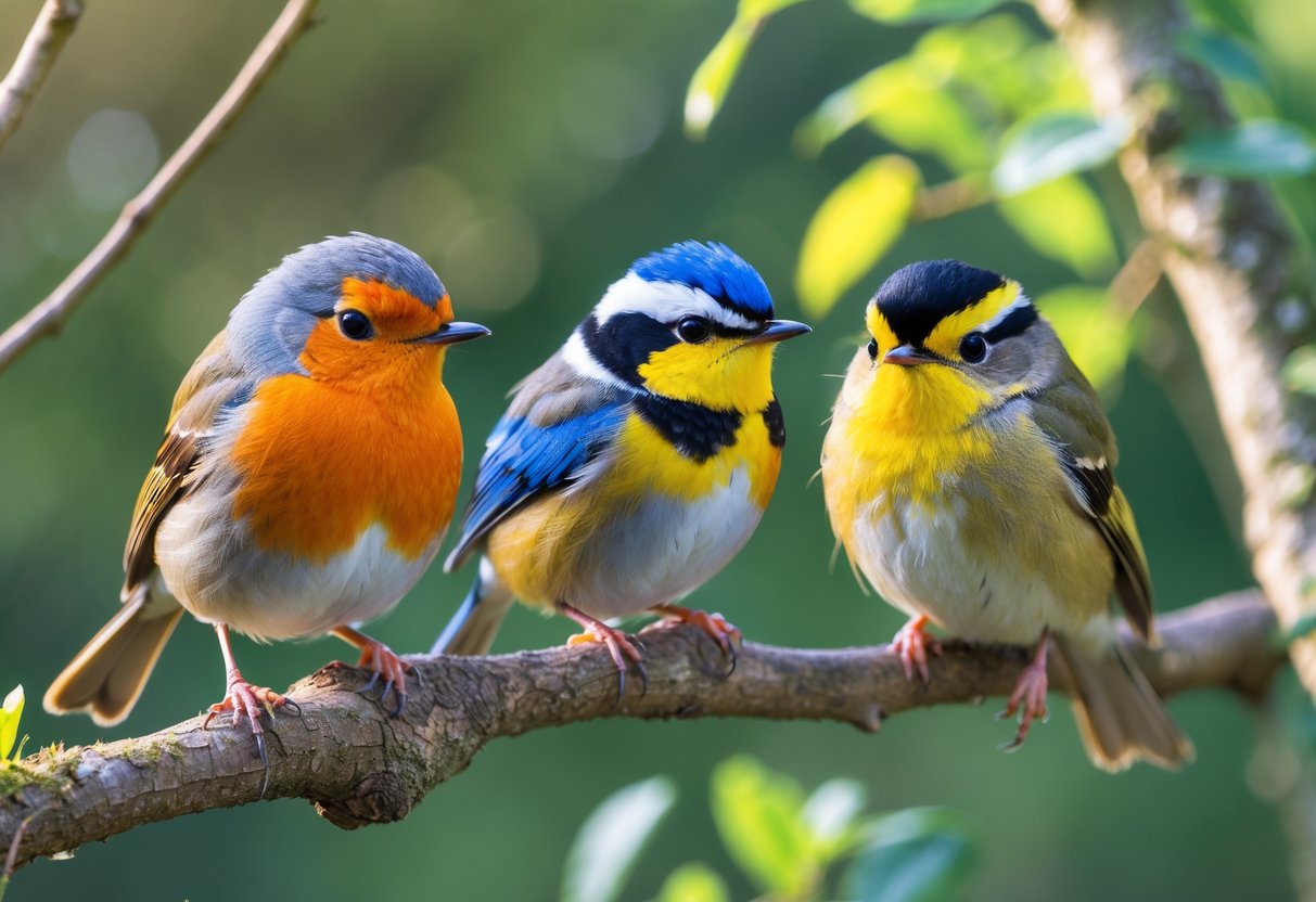 Close-up of a European robin, blue tit, and goldcrest perched on branches in a green woodland setting.