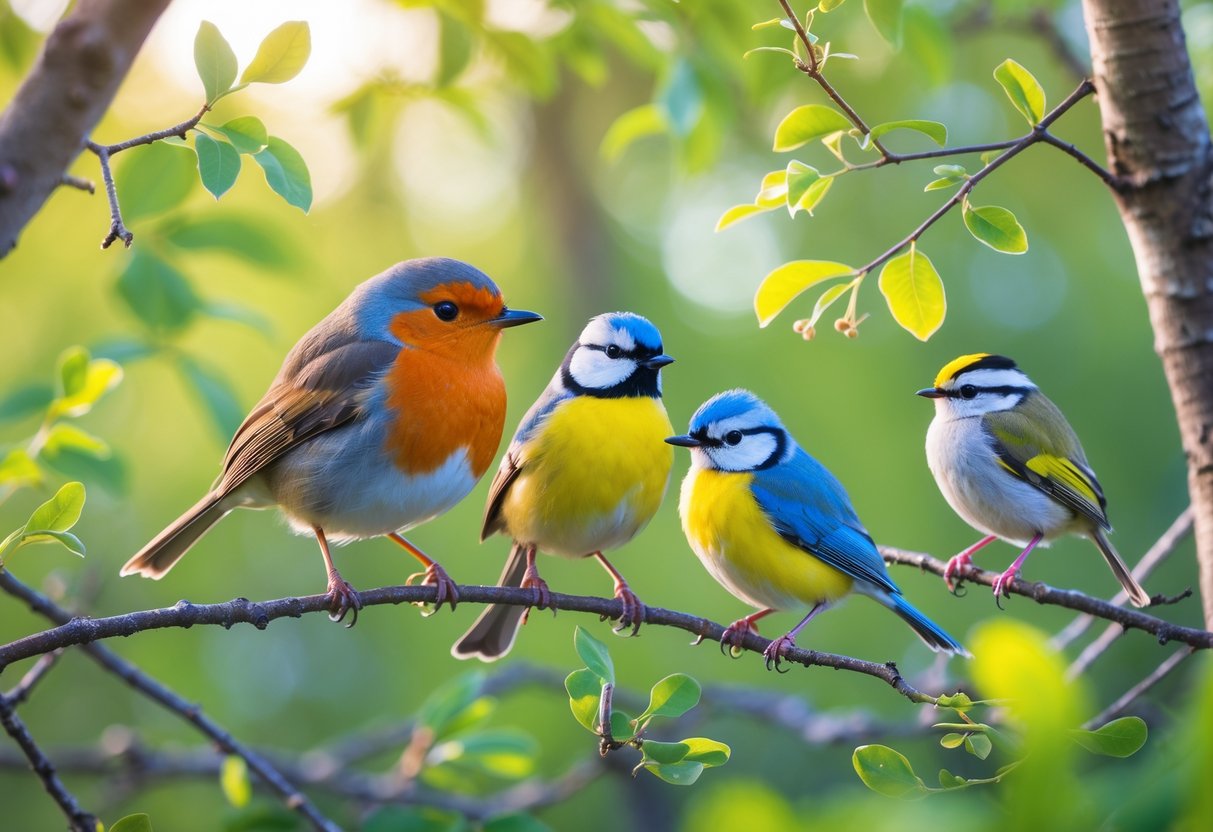 Several small UK birds including a robin, blue tit, and goldcrest perched on branches in a green woodland setting.