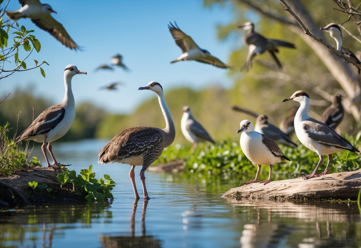 A group of birds near water, including a flightless bird standing on the ground among flying birds.