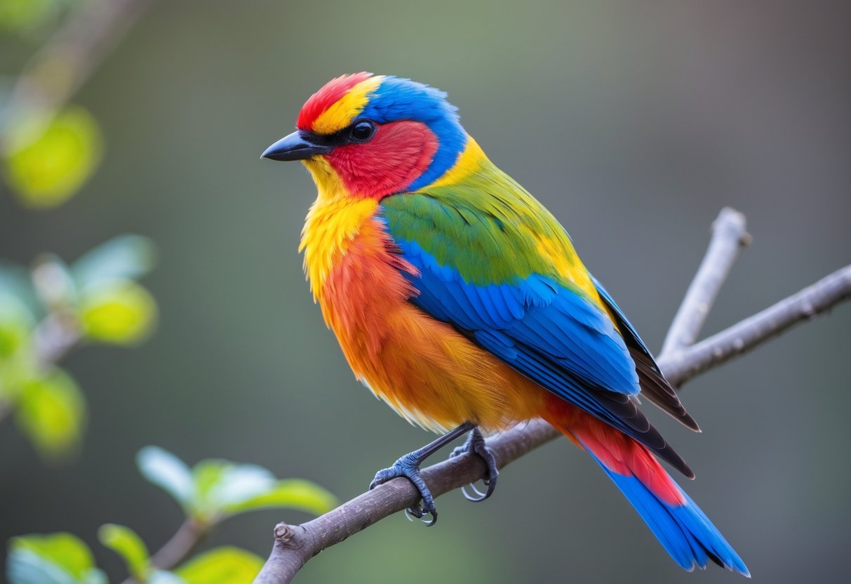 A colorful bird with seven distinct colors on its feathers perched on a branch in a natural setting.