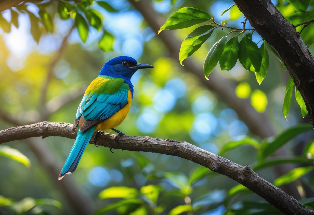 A colorful bird with bright feathers perched on a tree branch in a green forest.