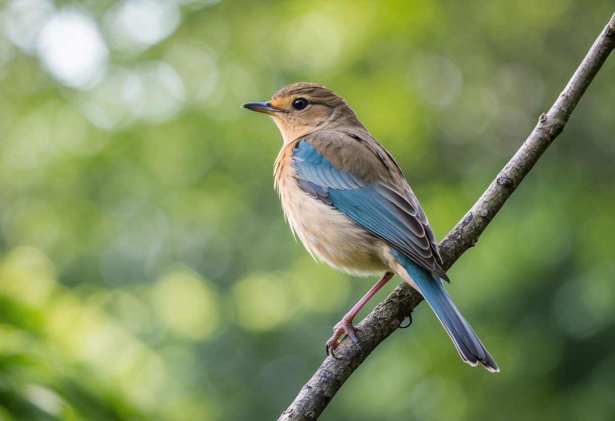 A colorful bird with seven letters in its name perched on a tree branch in a green forest.
