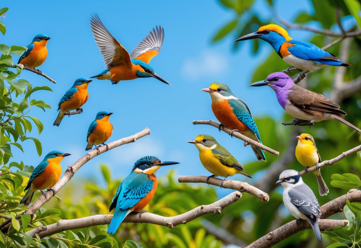 A group of colorful birds perched on branches and flying against a blue sky with green leaves in the background.