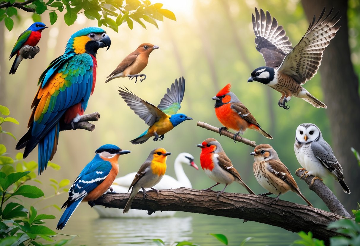 Ten different bird species perched and flying in a natural outdoor setting with trees and sunlight.