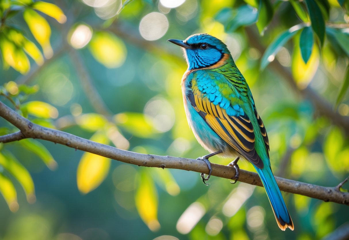 A colorful bird with bright blue and green feathers perched on a branch surrounded by green leaves.