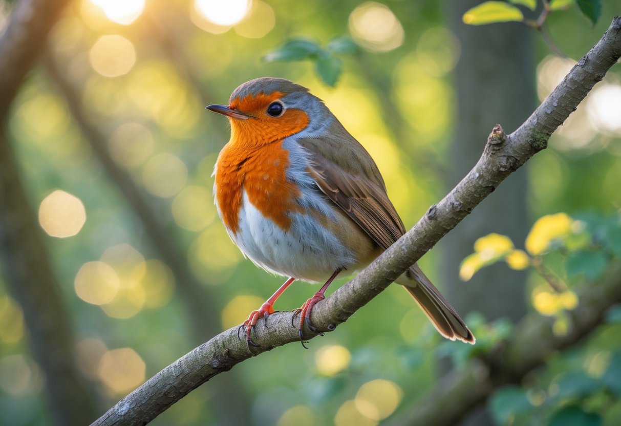 A European robin perched on a tree branch surrounded by green foliage in a woodland setting.