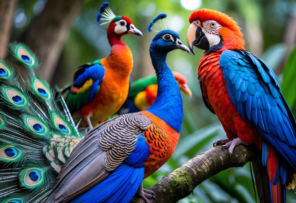 A group of colorful and beautiful birds including a peacock, mandarin duck, scarlet macaw, and bird of paradise perched on branches with green leaves.