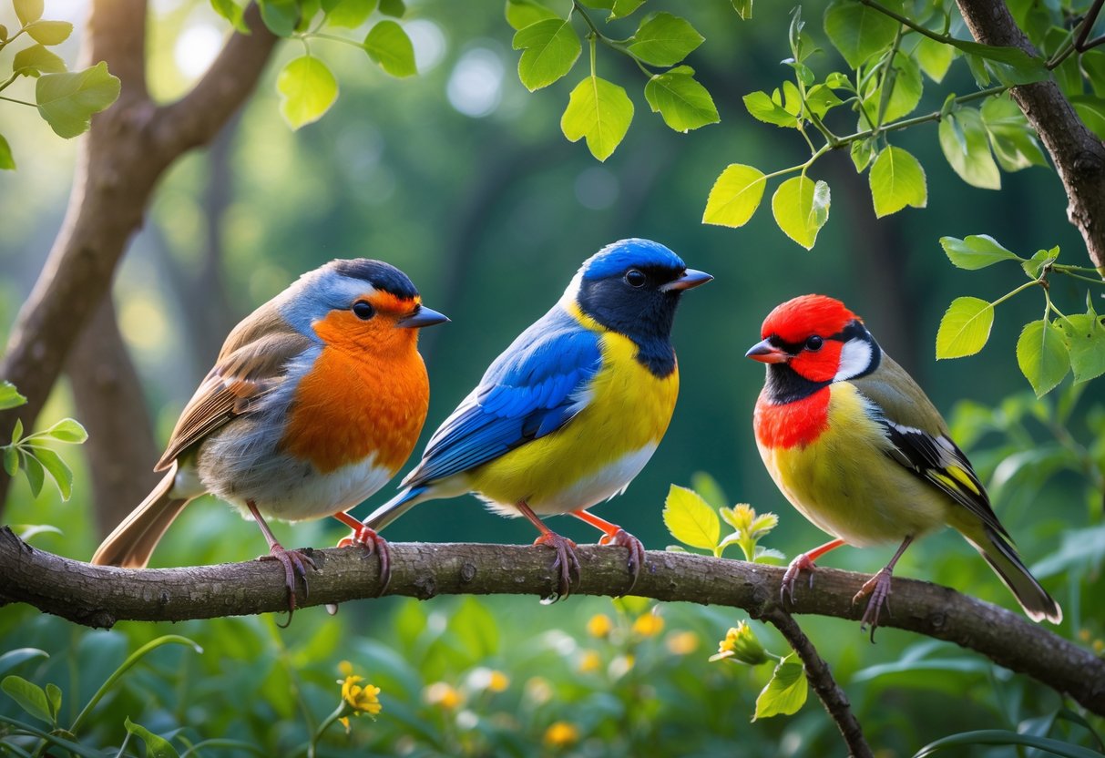 A group of colorful UK birds including a robin, blue tit, blackbird, and goldfinch perched on branches in a green woodland setting.