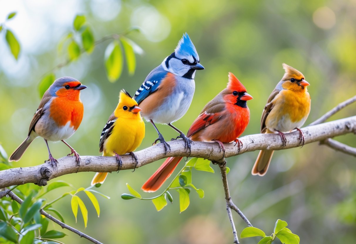 A group of different birds including a robin, blue jay, canary, cardinal, and sparrow perched on branches outdoors.
