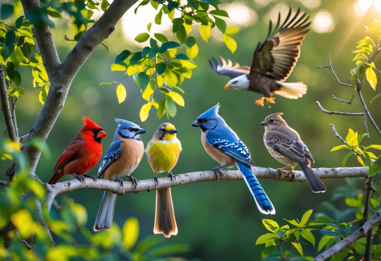 Various colorful birds perched on branches in a green forest with sunlight filtering through the leaves.