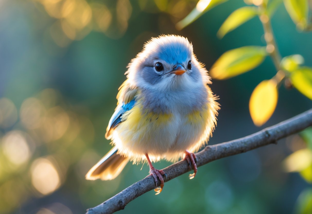 A small colorful bird perched on a branch with green leaves in the background.
