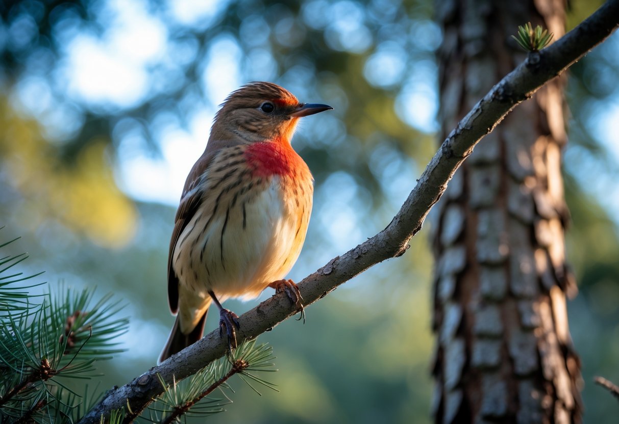 A rare Scottish Crossbill bird perched on a pine tree branch in a forest with green foliage and soft light.