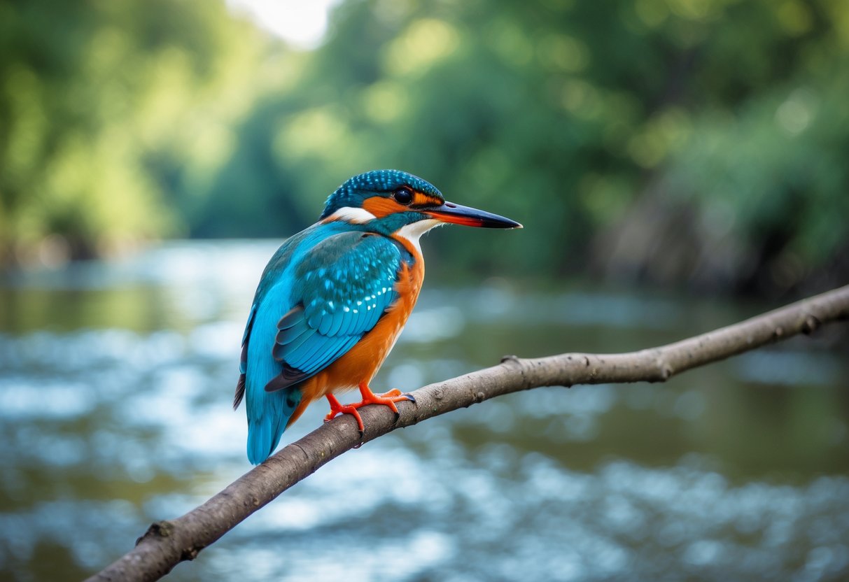 A European Kingfisher with bright blue and orange feathers perched on a branch over a river surrounded by green foliage.
