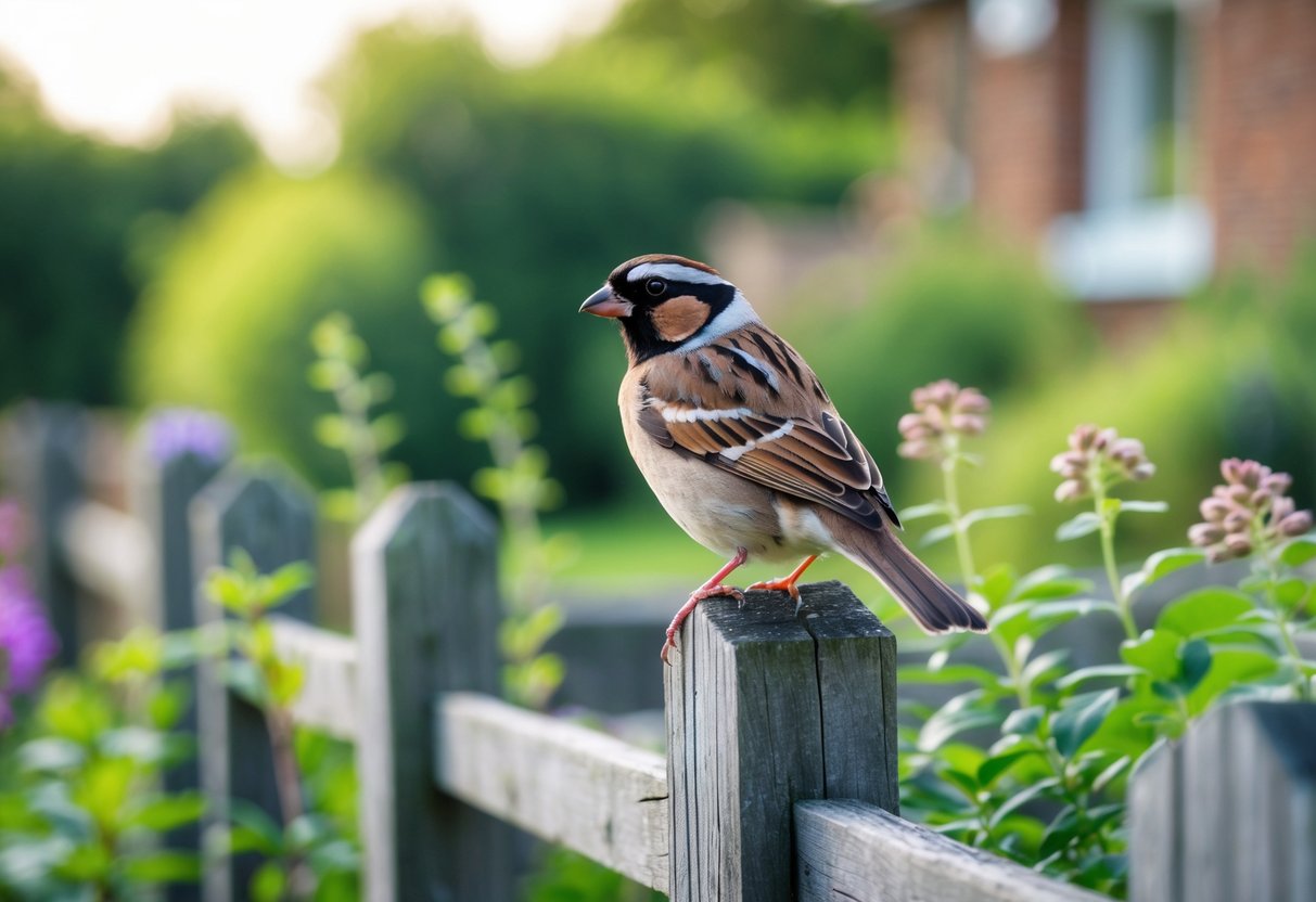 A house sparrow perched on a wooden fence with green shrubs and flowers in the background.