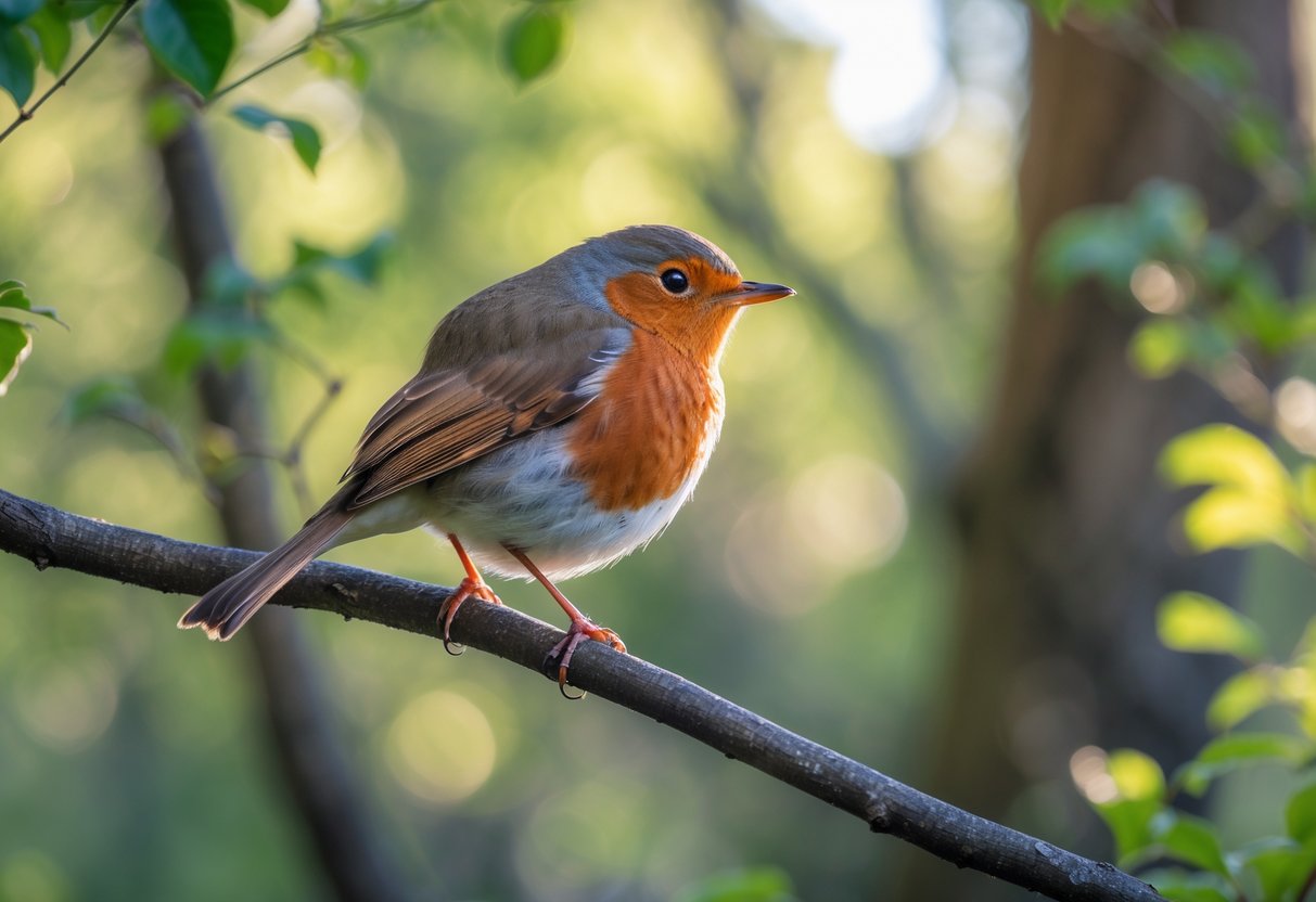 A European robin with a pinkish-orange breast perched on a branch in a forest.