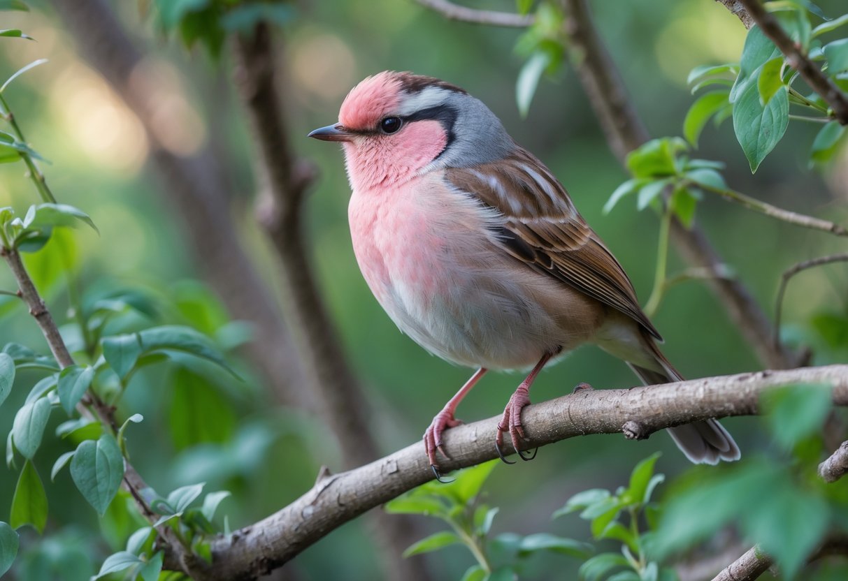 A British bird with a pink breast perched on a branch surrounded by green leaves.