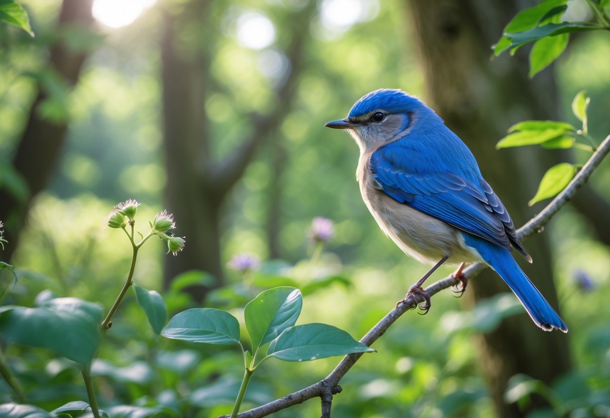 A small shiny blue bird perched on a branch surrounded by green leaves in a woodland setting.