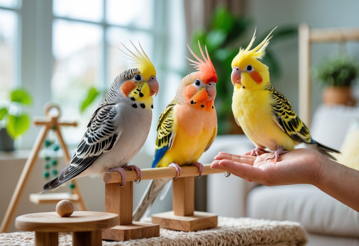 A budgerigar, cockatiel, and lovebird in a bright indoor setting interacting with a person’s hand and perches.