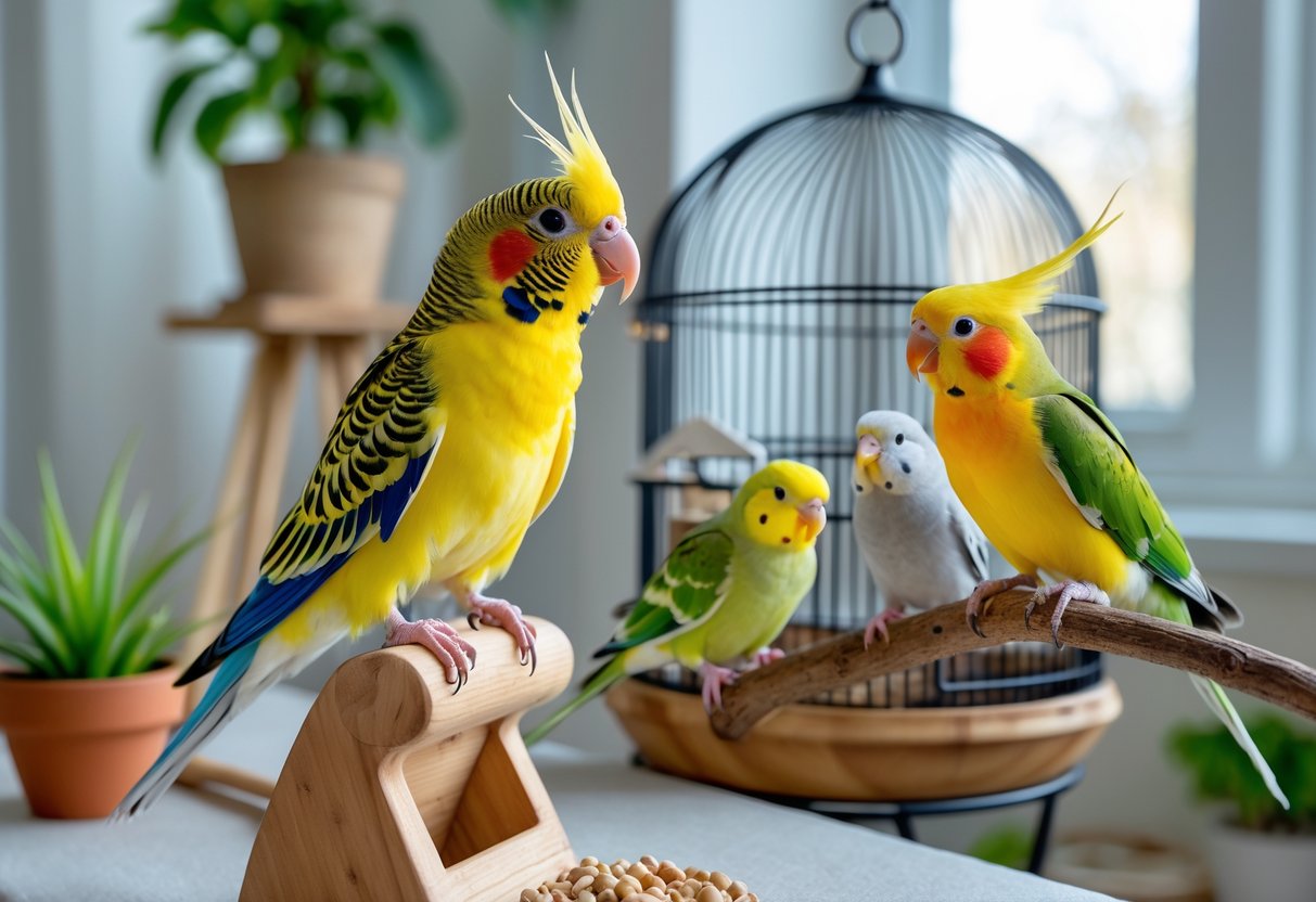 A variety of colorful pet birds including a budgerigar, cockatiel, and lovebirds perched indoors in a cozy home setting.