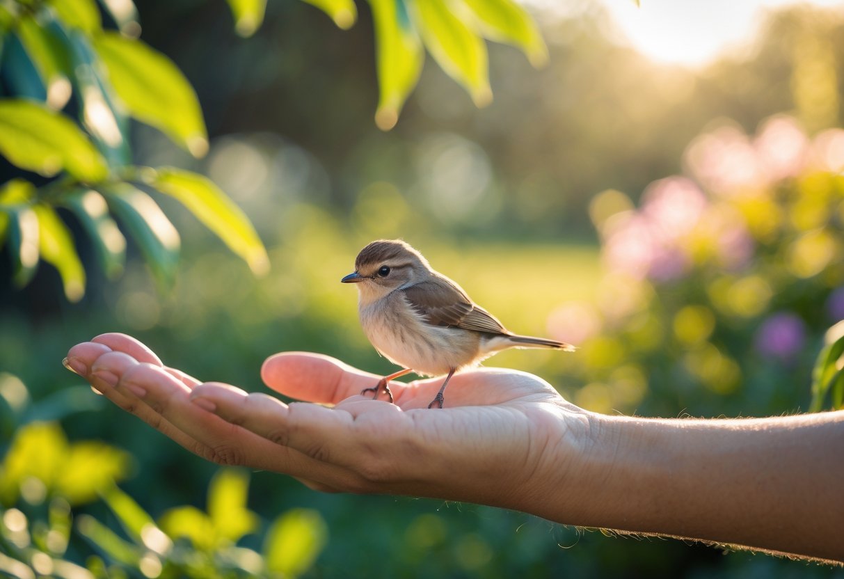 A small bird perched on a person's outstretched hand in a sunlit garden.