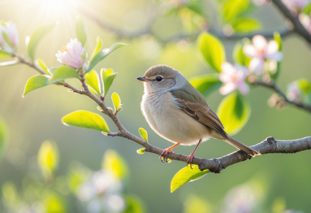 A small bird perched on a tree branch surrounded by green leaves and sunlight.