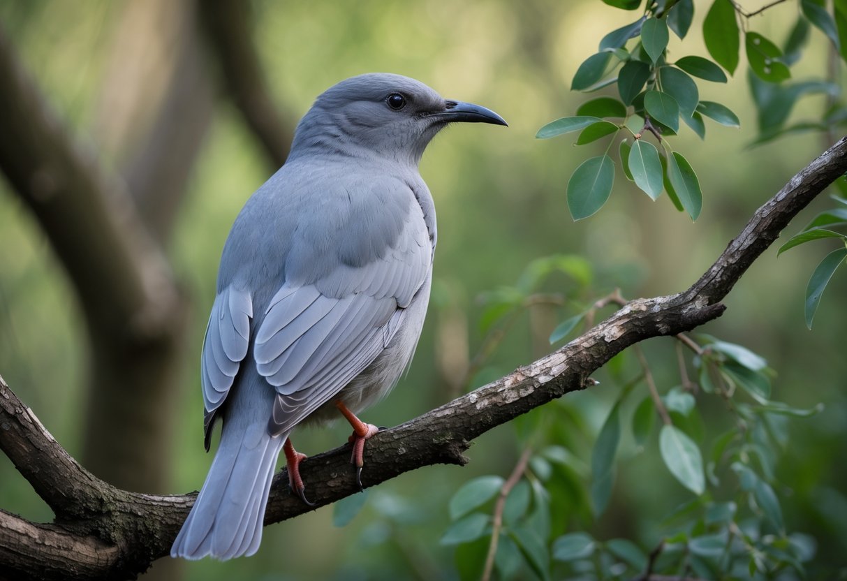 A large grey bird perched on a tree branch in a woodland area.