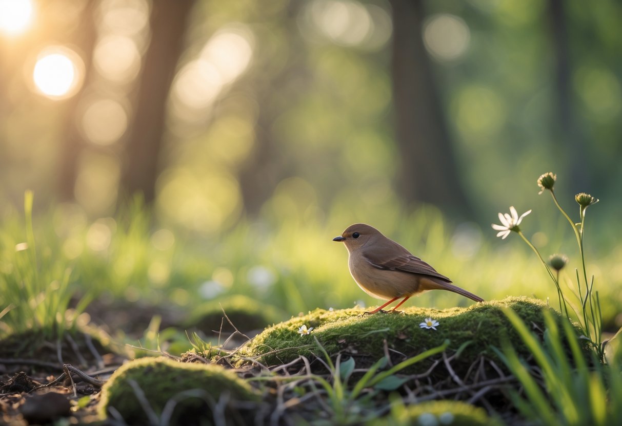 A small brown bird perched on a mossy rock surrounded by grass and wildflowers in a peaceful natural setting.