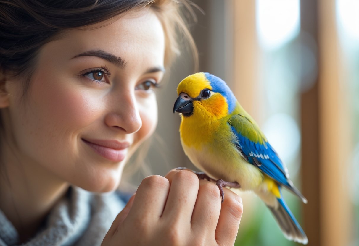 A person smiling affectionately at a small colorful bird perched on their finger indoors near a window.