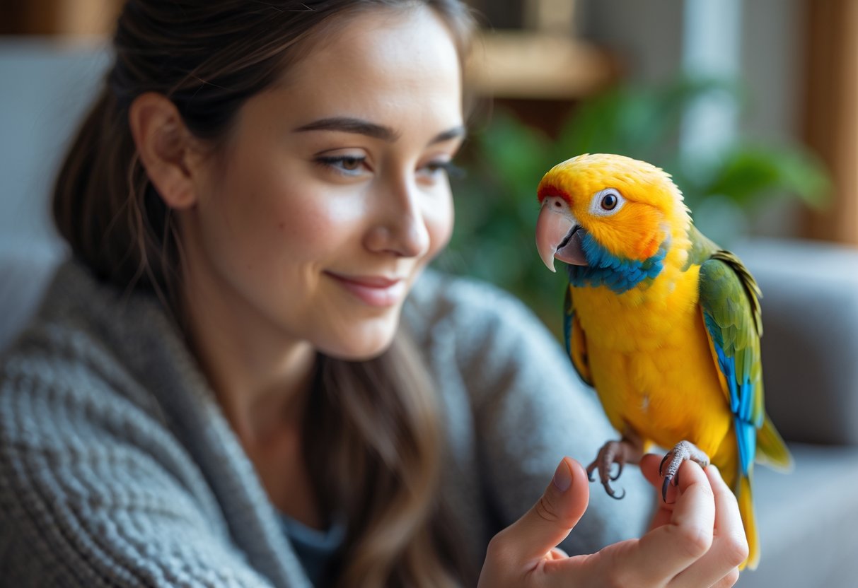 A person gently holding a small colorful bird perched on their finger, looking at each other closely indoors.
