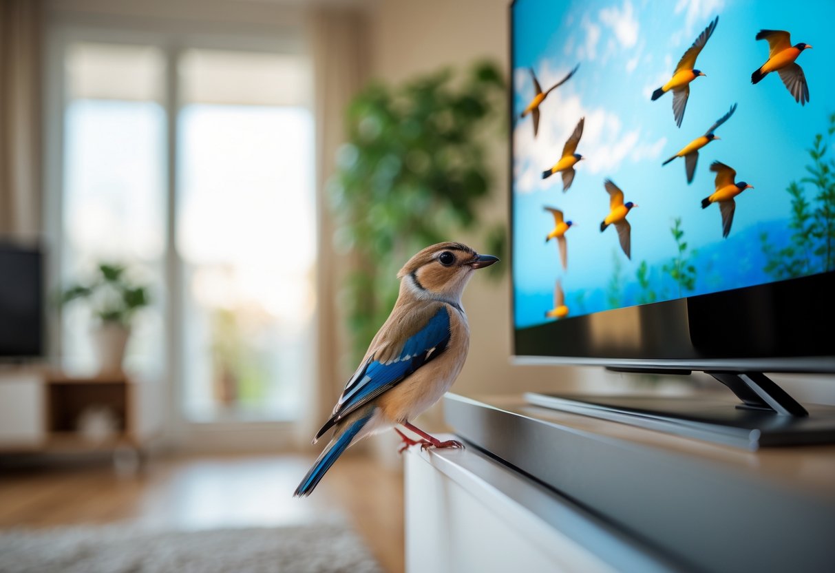A small bird perched on the edge of a television screen showing colorful birds in a living room.