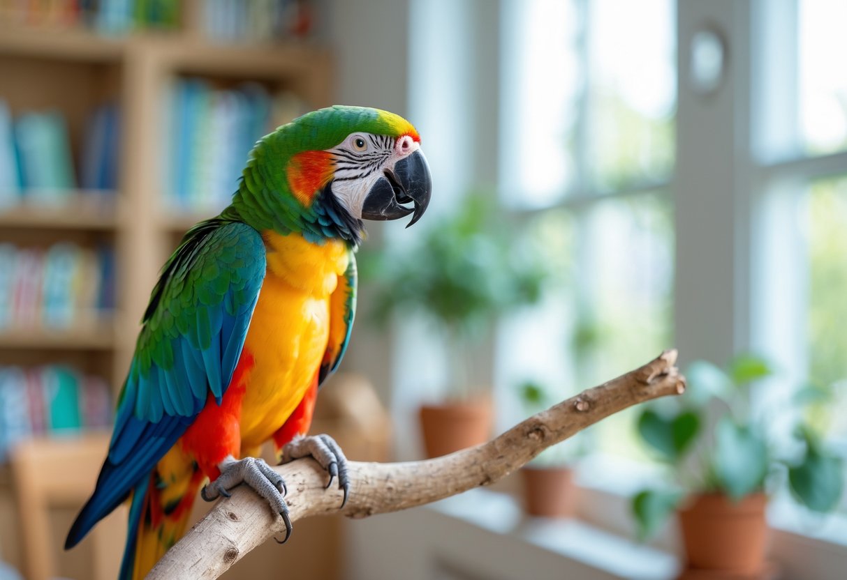 A colorful parrot perched on a branch indoors, appearing to mimic speech with its beak slightly open.