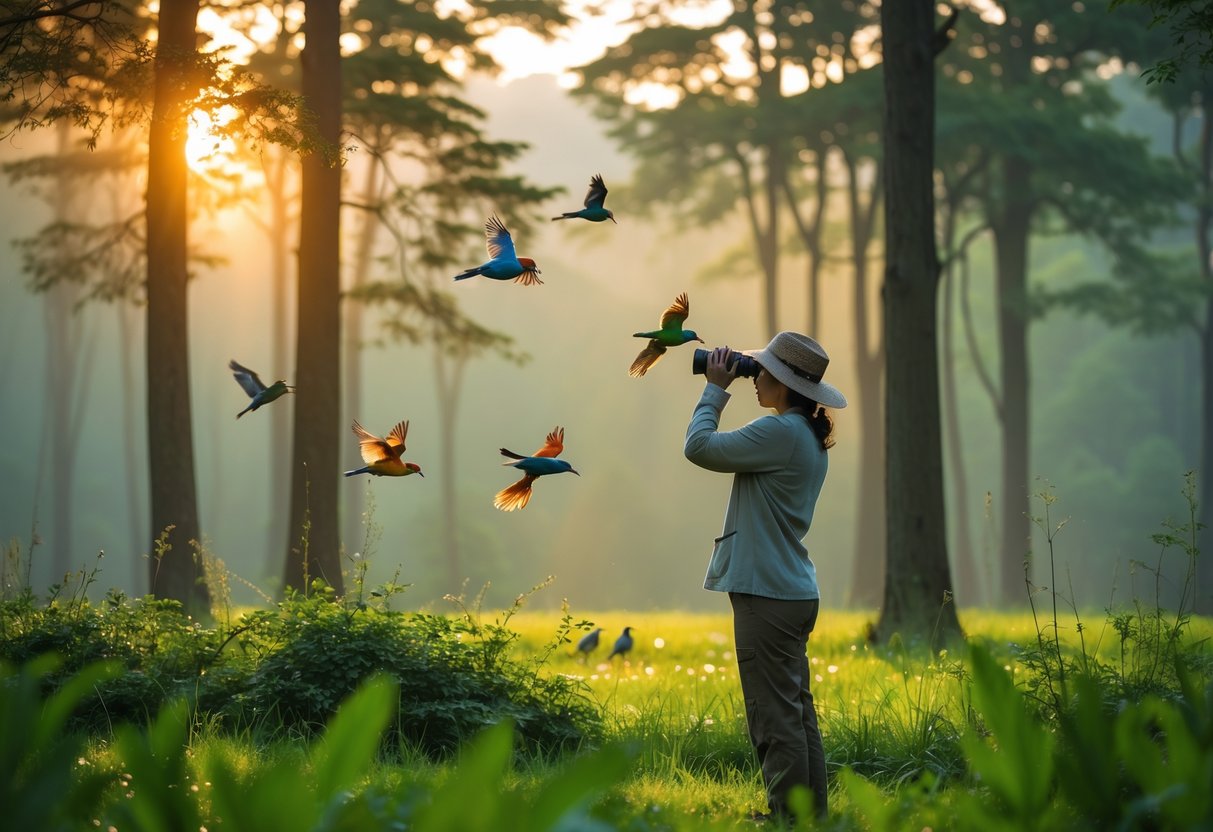A person using binoculars to watch colorful birds in a sunlit forest clearing during early morning.